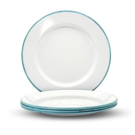 Red Co. Set of 4 Enamelware Metal Classic 10" Round Dinner Plate, Solid White/Teal Rim
