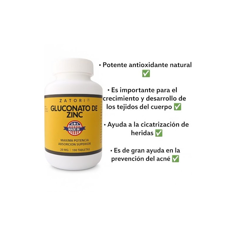 Zatori Gluconato Zinc Máxima Potencia Suministro 100 Días