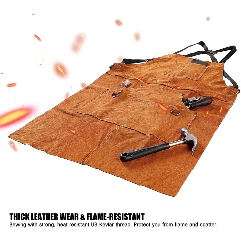 QeeLink Leather Welding Apron with 6 Pockets - Heat &
