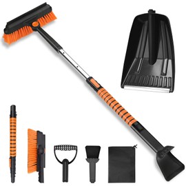 Yiomxhi 4 in 1 Ice Scraper with Snow Brush, Shovel and Squeegee, Extendable Snow Removal Tool for Car Windshield and Window, Detachable Winter Cleaning Accessories for Auto, Truck, SUV, Orange