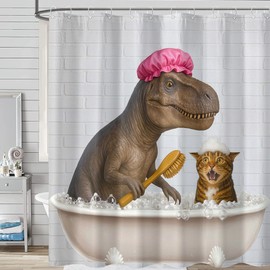 Funny Cat Dinosaur Shower Curtain Cute Fun Dino Cat Bathe Shower Curtains for Bathroom Kids Boys Cool Unique Whimsical Waterproof Fabric Bath Curtain Decor 72 X 72 Inches