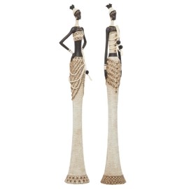 Deco 79 Polystone Woman Handmade Decorative Sculpture Standing African Home Decor Statues with Intricate Details, Set of 2 Accent Figurines 6"W, 31"H, White