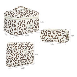 3Pcs Makeup Bag Cotton Quilted Travel Cosmetic Bag Cute Floral Makeup Pouch Large Toiletry Bag for Women Girls, Coffee leopard print