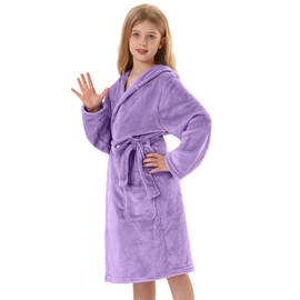V.&GRIN Girls Fleece Robes, Hooded Plush Soft Fuzzy Warm Fluffy Bathrobe for Kids 3-14 Years（Lavender Purple 7-8