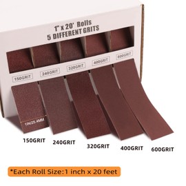 POLIWELL Emery Cloth Roll, 5 Grits Emery Paper Rolls Aluminium Oxide Abrasive Sandpaper, 1” X 20’(6M) Assorted Sanding Multi-Roll 150 240 320 400 600 Grit with Dispenser for Wood Metal Craft Polishing