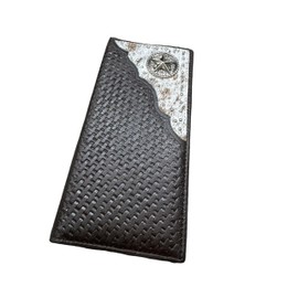 Western Stakes Men’s Long Leather Wallet – Basketweave Rodeo Bifold with Hair-On Cowhide and Lone Star Concho – Cowboy Checkbook Wallet for Ranchers & Texas Western Gifts