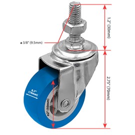 FactorDuty 2 Inch BLUE Caster Wheel 3/8"-1.2" Threaded Stem Mount Caster Wheel Polyurethane Wheels Premium Non Marking No Noise 65LB Per Wheel (Pack of 12)
