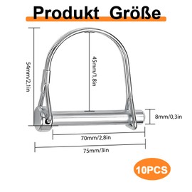 Rohrklappsplinte 10 Stück, 8x 70MM Sicherungsstift, D Förmiger Kupplungsstift, Federstahl Sicherungsbolzen, mit Rastverschluss Sicherungsstift, für Bauernhof Anhänger, Bauernhof