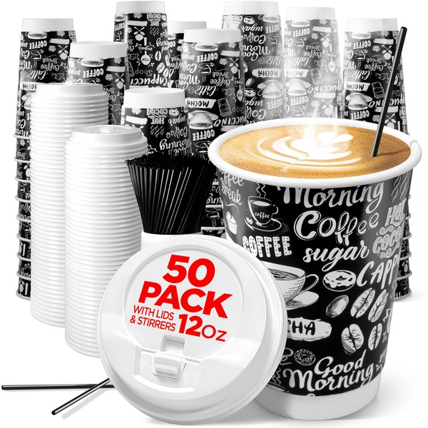 Shop Square 12 Oz Disposable Hot Coffee Cups With Lids - 50 Pack, Heavy Duty Insulated Hot Beverage Paper To Go Coffee Cups with Stirring Straw - For Tea, Hot Chocolate and More- No Sleeve Needed