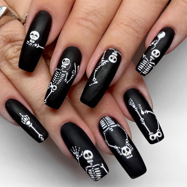 Halloween Press on Nails Black Square Fake Nails with White