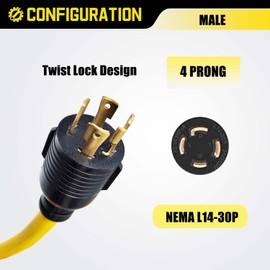 30 Amp 4 Prong Twist Lock to 110 Adapter Cord, Generator Locking Plug NEMA L14-30P to 5-15R 5-20R Household Tri-outlets