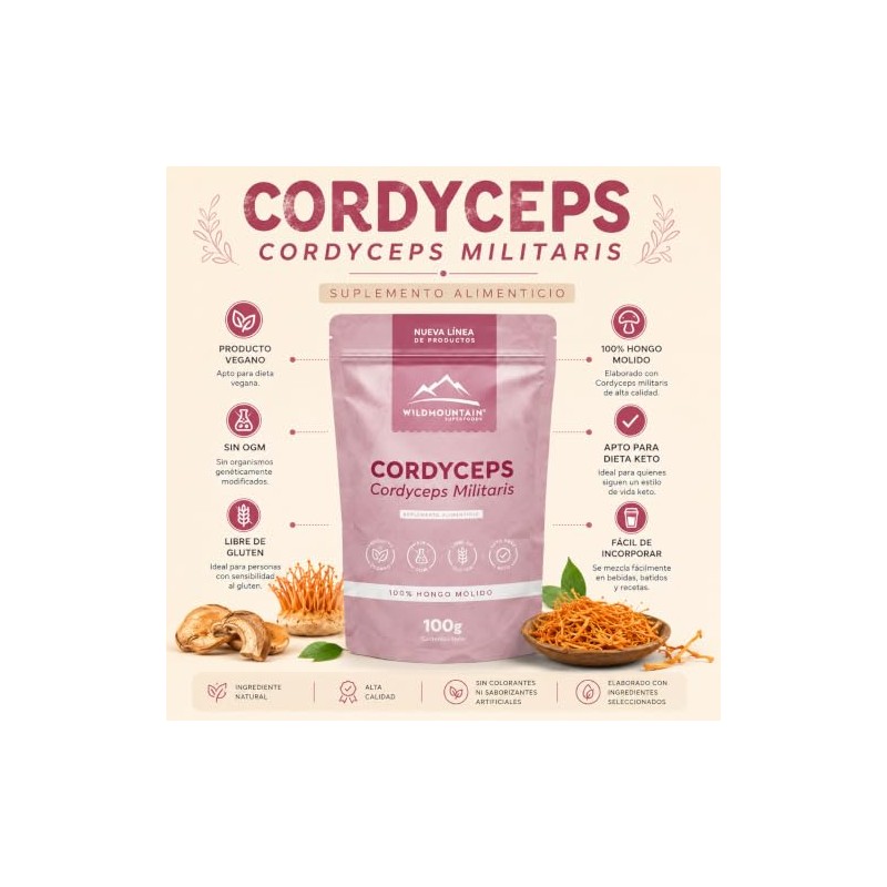Wildmountain Cordyceps Militaris en Polvo 100g Hongo Adaptógeno | Suplemento