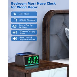 Retro Digital Alarm Clocks for Bedrooms with Large Numbers, Desk Clock with Wireless Charging Station, 7 Mood Lights, Dimmer, Snooze, 12/24H, Loud Alarm Clock for Heavy Sleepers Adults, Vintage Décor