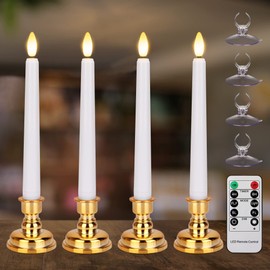 FPOO Flameless Taper Candles Flickering with Remote Timer, 4PCS Battery Operated Window Candles with Gold Candlesticks and Suction Cups, 8 Inch Warm White 3D Flame Candle for Home, Xmas Decor(White)