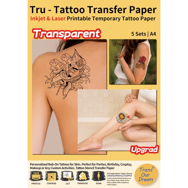 TransOurDream Tru-Temporary Tattoo Stickers Clear A4 5 Sets (A+B) Inkjet/Laser