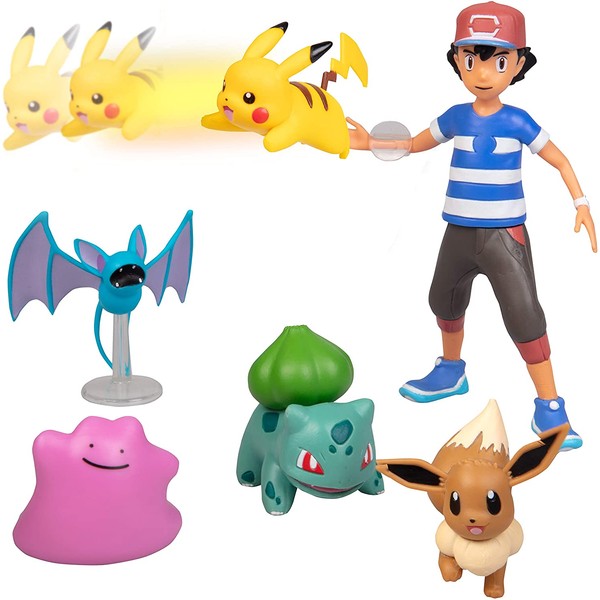 Pokémon Battle Figure Multi Pack Toy Set with Launching Action - Generation 1 - Includes Ash, Pikachu, Zubat, Eevee, Ditto and Bulbasaur - 6 Pieces - Ages 4+