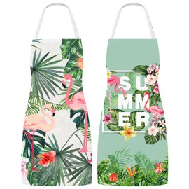 Whaline 2 Pack Summer Tropical Aprons Flamingo Palm Leaves Linen Chef Cooking Aprons Green Pink Adjustable Washable Aprons Hawaii Collection Kitchen for Summer Dinner Baking BBQ Grilling Supplies