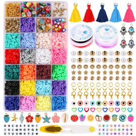 Aunifun 4568 pcs Clay Beads Kit Flat Round Polymer Clay Spacer Beads with Face Letter Beads Jump Rings Elastic String Pendant Charms,DIY Craft Kit for Jewelry Making Bracelets Necklace