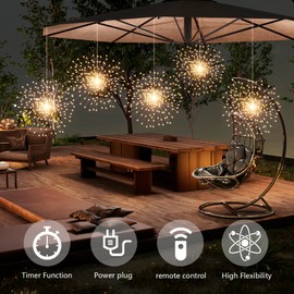 SHUKAN 5 Pcs 1000 LED Plug-in Starburst Sphere Lights, Firework Light 8 Modes Dimmable Remote Control Waterproof Hanging Fairy Light, Copper Wire Lights for Patio Party Tent Christmas (Warm White)
