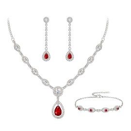 Ever Faith Wedding Cubic Zirconia Jewelry Set Stunning Teardrop July Birthstone Necklace Bracelet Earrings Set for Woman Ruby Red Silver-Tone