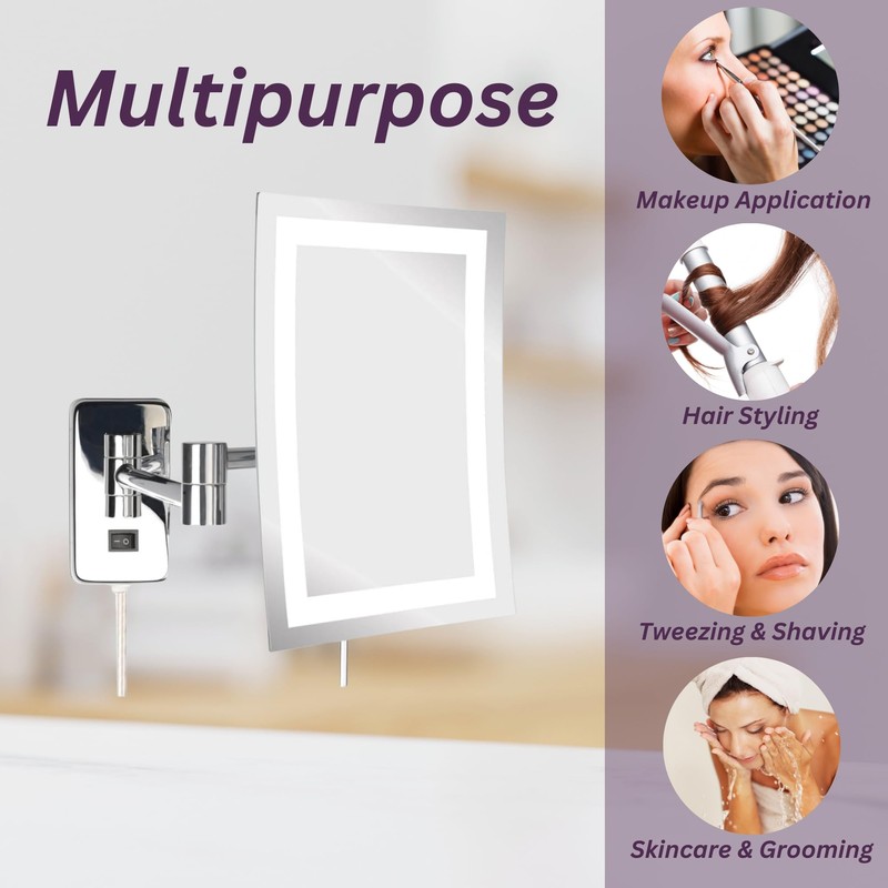 JERDON Rectangular Wall Mount Makeup Mirror - Lighted Makeup Mirror