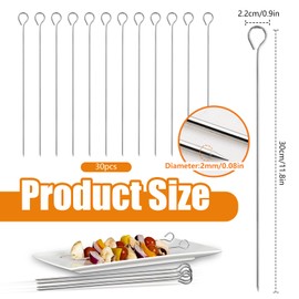 Kebab Skewers, 30 Pcs 12 Inch Stainless Steel Barbeque Skewers, Reusable BBQ Grilling Kabob Skewer with Ring-Tip Handle for Chicken, Fruit, Vegetable, Meat, Beef