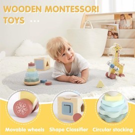 FReniland Montessori Toys for 1 Year Old，3-in-1 Wooden Baby Toys，Wooden Stacking Toy，Toddler Shape Sorting Cube, Giraffe Ring Toy,Newborn Baby Gift Sets for Boys and Girls