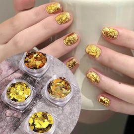 Valentine’s Day Nail Glitters Sequins 4 Boxes Holographic Heart Nail Art Flakes Design Nail Charms 3D Love Heart Glitter Sticker Decals Yellow Heart Nail Sequins for Women DIY Manicure Decoration