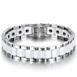 JewelryWe Jewellery, Men's Magnetic Bracelet, Stainless Steel, Ceramic, Fashionable Rectangle Link Magnetic Bracelet, Bangle 3, Stainless Steel