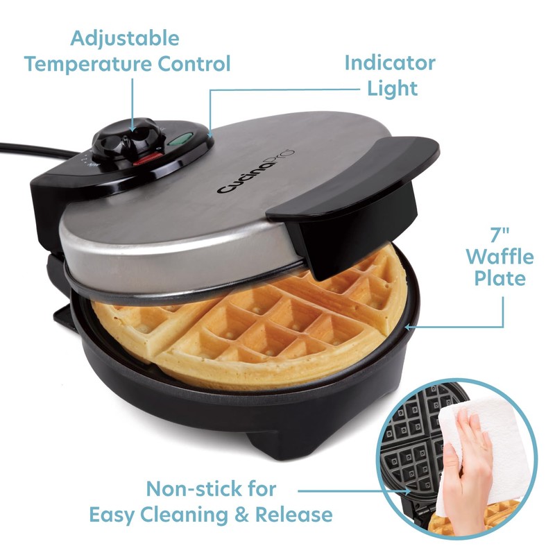 Belgian Waffle Maker- Non-Stick 7" Waffler Iron w Adjustable Browning