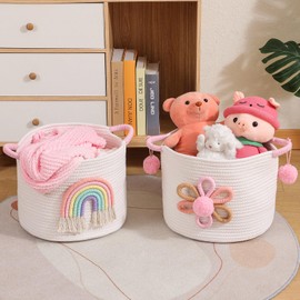 INough Toy Storage Baskets Cotton Rope Storage Basket with 3D Flower for Kids, Blanket Baskets for Living Room Toys Organizer with Handle Woven Basket for Gifts Empty Girls Baby Hamper Nursery Decor