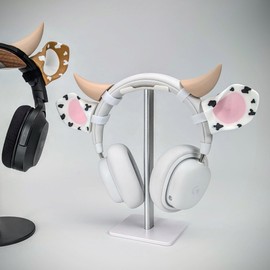 BeamTeam3D Cow Ears and Horns for Headphones, Cute & Fun Decorative Add-Ons for Gaming Headsets, Kids’ School Headphones, Compatible with Most Headphones (White/Pastel Pink/Gal Black)
