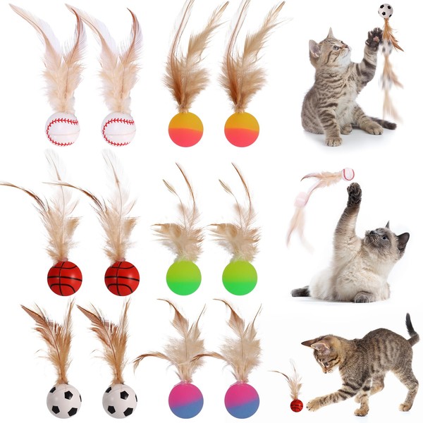Partideal Pack of 12 Cat Balls Toy with Feathers, Interactive