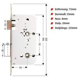 Felgner Profile Cylinder Door Mortice Lock, Lock Case Made of Galvanised Sheet and Stainless Steel Strike Plate, Forend 20 mm, Backset 55 mm, DIN Left and Right, Nut 8 mm, 55 PZ 72/8