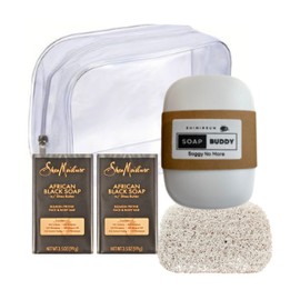 Clear Skincare Bundle: 2 SheaMoisture African Black Blemish Prone Soaps with Shimireum Soap Saver Pad, Soap Case and Clear Waterproof Toiletry Case