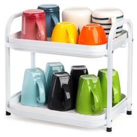 Peohud 2 Tier Cup Drying Rack with Drain Tray, Countertop Mug Holder, Multi-Functional Kitchen Storage Organizer Shelf for Glasses, Tumbler, Teacups, Spice Rack