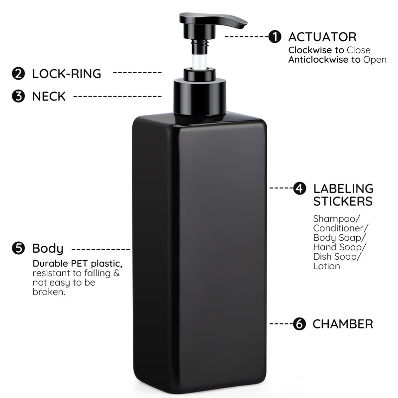Segbeauty Soap Dispenser, Black, 500 ml, Set of 4 Plastic