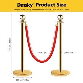 Stainless Steel Stanchion Post Queue 5 ft Red Velvet Rope Red Carpet Ropes and Poles Crowd Control Barriers Sand Injection Hollow Base and Velvet Ropes Set for Party Supplies (8 Pieces, Gold)
