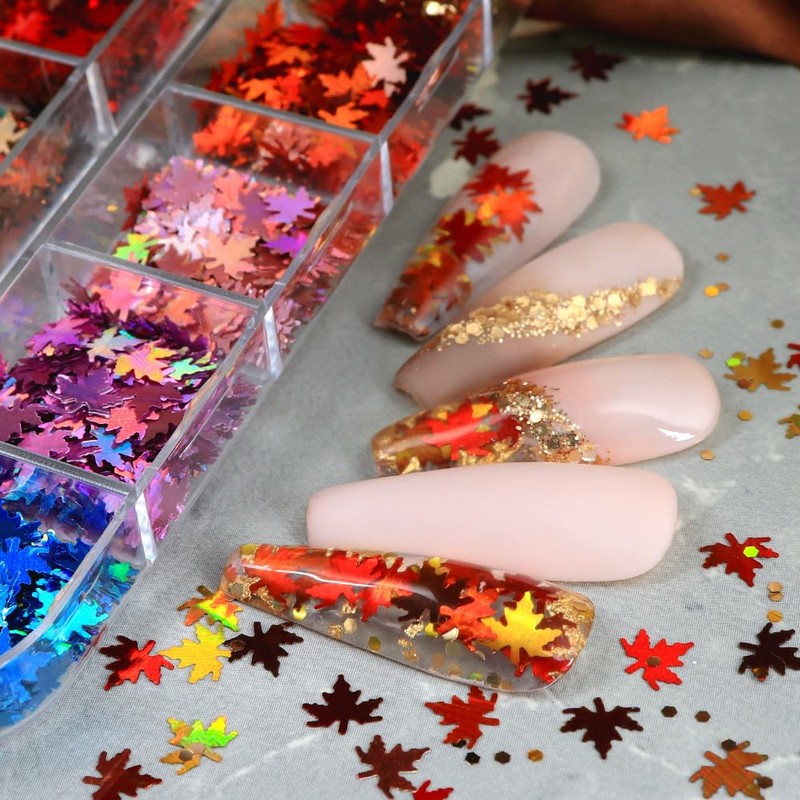 1 Box 12 Color Holographic Fall Leaf Nail Glitter Hexagonal