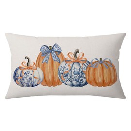 NUTEEN Fall Pillow Cover 12x20 Inch Blue Orange Pumpkins Chinoiserie Grandmillennial Throw Cushion Cover Outdoor Autumn Farmhouse Decorations Lumbar Decorative Pillows Cases for Home Decor