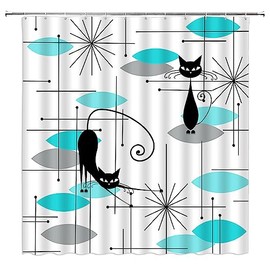CCNSTMS Mid Century Shower Curtain Funny Black Cat Starbursts Atomic Stars Modern Abstract Geometric Iconic Retro Boho 1950s 1960s Bathroom Curtains Decor with Hooks
