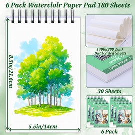 6 Pack Watercolor Paper Pad, 5.5x8.5 Inch Water Color Paper, 140lb/300gsm, Cold Press, Acid-Free, 180 Sheets Spiral Bound Watercolor Paper Pad for Wet & Dry Media, Ideal for Adults, Artists
