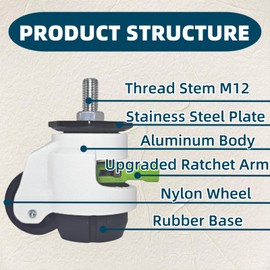 4-Pack Heavy-Duty Stem Casters with Retractable Wheels 2200 Lbs Total Capacity | 1/2" & M12 Stem Sizes Adjustable with Ratchet Handle for Workbench, Machinery & Industrial Equipment