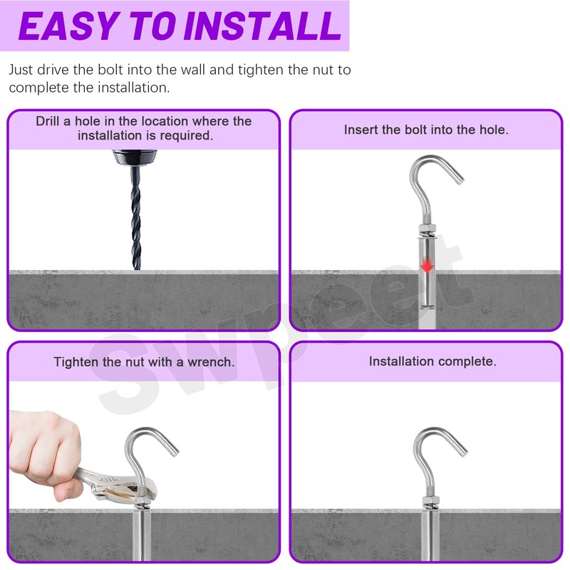 Swpeet 6Pcs M12 Stainless Steel Open Cup Hook Expansion Screws