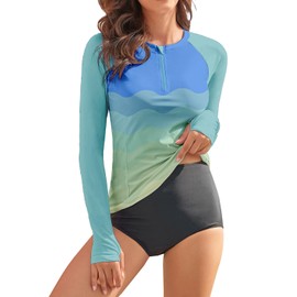 WOWENY Rash Guard Shirts for Women Long Sleeve with Thumb Holes Sun Shirts UPF50+ Swimsuit Bathing Suit Top Only (Ocean Waves, L)
