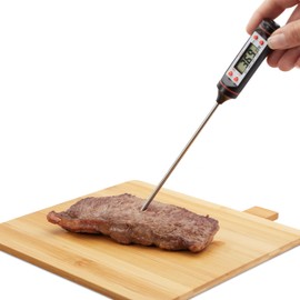 Relaxdays Küchenthermometer digital, Behälter mit Schlaufe, LCD-Display, Ofen, Grillen, Edelstahl Fühler, silber/schwarz