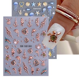 2 Sheets Summer Marine Life Nail Decals 5D Self Adhesive Fish Shell Seahorse Jellyfish Starfish Nail Design Stickers Embossed Blue Gold Nail Stickers for Women Summer Ocean Theme Manicure Supplies