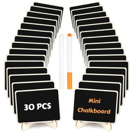 MOWPOG 30 Pack Mini Wooden Chalkboard Signs with Easel Stand, Reusable, Zero Residue Food Labels for Buffet, Wedding, Place Cards, Party and Event Decor (Rectangular)