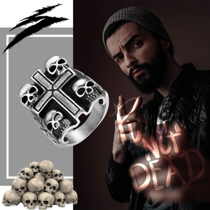 JewelryWe Retro Stainless Steel Biker Mens Gothic Skull Ring Punk