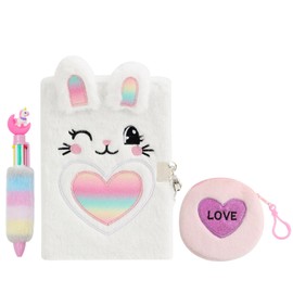 Belegao Rabbit Diary with Lock for Girls, Fluffy Journal with Lock Keys Purse and Pen Secret Diary for Kids Home School Travel Writing Notebook, Plush Rabbit Rainbow Heart